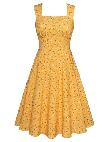 Belle Poque Yellow Floral Dresses for Women Cute Summer Midi Dress Floral Dresses for Tea Party S