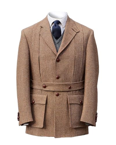 Men Full Norfolk Tweed Jacket Single Breasted Sport Blazer with Belt Casual Vintage British Wool Blend Jacket Coat