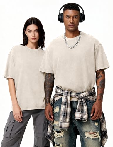 Image of Eiscntd Men's Oversized T-Shirts Heavyweight Cotton Vintage Washed Loose Fit Unisex Baggy Tee Shirts
