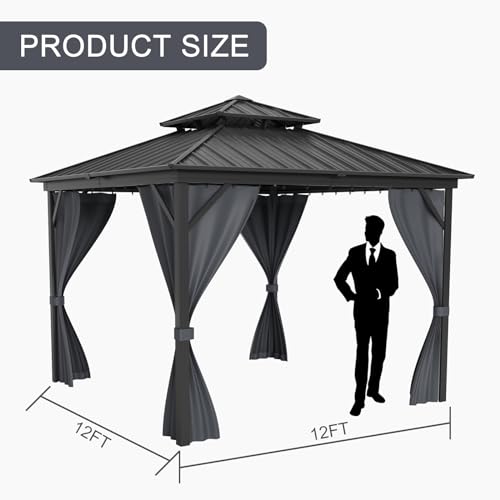 12x12FT Gazebo Hardtop Double Roof Canopy with Netting and Curtains,Outdoor Gazebo 2-Tier Hardtop Galvanized Iron Aluminum Frame for Patio, Backyard, Deck, and Lawns - Image 6