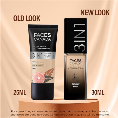 Image of FACES CANADA All Day Hydra Matte Foundation | 3-in-1 Foundation + Moisturizer + SPF 30 | 24 HR Aloe Hydration & Vitamin C | 10HR Long Wear | Medium to High Buildable Coverage | Golden Sand 043 | 30ml
