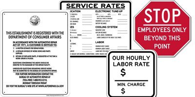 California Auto Repair and Service Station Sign Kit Includes All 4 Signs: California Required Bureau of Automotive Repair (B.A.R.) Sign, Service Rates Signs, Hourly Rate Sign and Employees Only STOP Sign