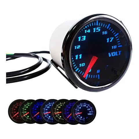 2-1/16" 52mm Voltage Gauge Smoked Lens Tinted 7 Color Volt Gauge Black Dial Voltmeter Range 8-18 Volts Cover