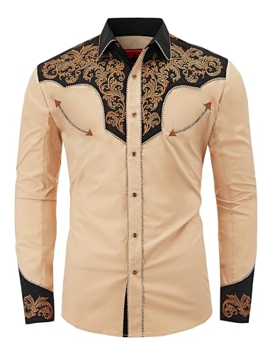 Men's Western Cowboy Shirt Embroidered Exquisite Long Sleeve Regular Fit Snap Button Down Shirts with Embroidery