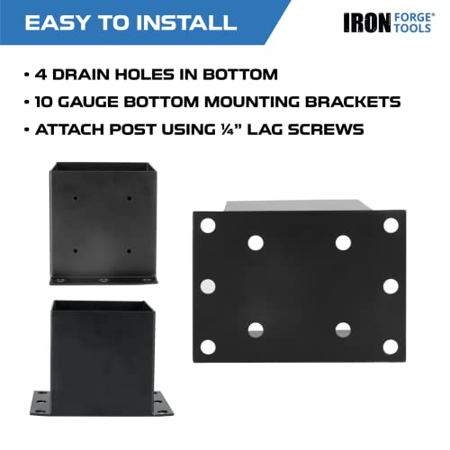 Image of Iron Forge Tools 6x6 Post Base for Concrete, 4 Pack - Black, 5.6 x 5.6 Inch | Heavy Duty Steel Fence Post Anchors, For Wood Deck, Fence, Porch, Railing or Pergola