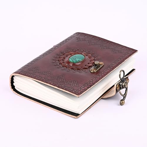 Image of Hancrafty Leather Diary, Handmade Green Stone Embossed Plain White Paper Journal with Lock Clasp for Men and Women Travel Notebook for Writing (Brown)