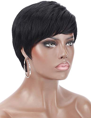 Kalyss Short Black Hair Wigs for Women Pixie Cut Natural Synthetic Wig with Hair Bangs Costume Cosplay Full Hair Wigs for Women