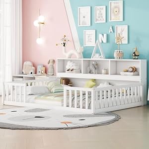 Kids Montessori Floor Bed,Full Size Floor Bed with Bookcase and Shelves,Full Bed Frame with Guardrails for Kids,Girls,Boys(Full,White) Kids Montessori Floor BedFull Size Floor Bed with Bookcase and ShelvesFull Bed Frame with Guardrails for KidsGirlsBoysFullWhite