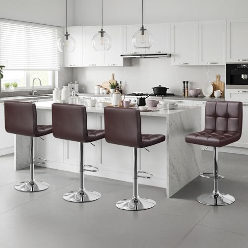 Image of Yaheetech Bar Stools Set of 4 - Modern Adjustable Kitchen Island Chairs Counter Height Barstools Swivel PU Leather Chair 30 inches,X-Large Base and Seat, Brown