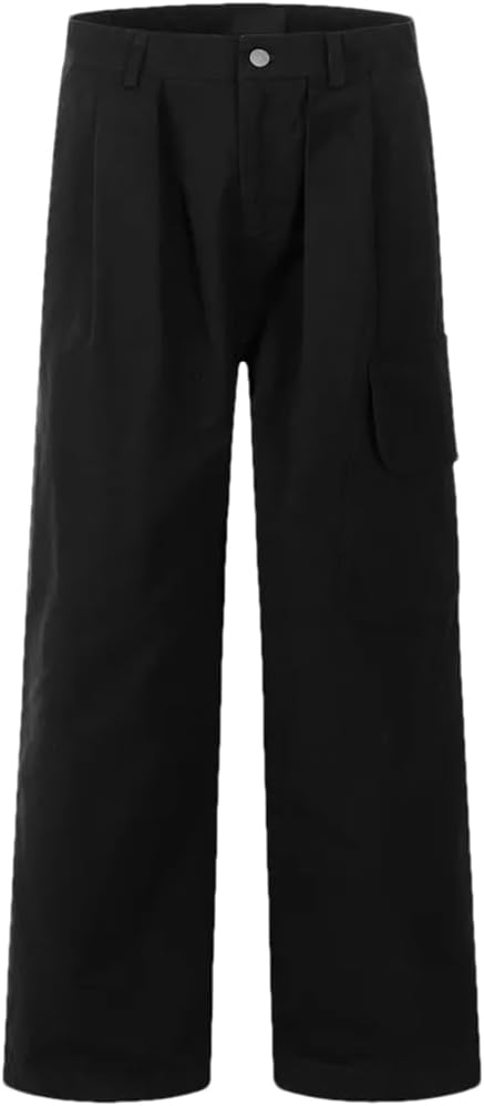 Men’S Carpenter Cargo Pants Zipper Pocket Distressed Straight Loose Wide Leg Trousers with Pleated Front