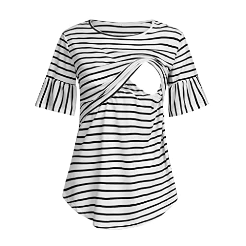 Damen Stillshirt Sommer Umstandsmode Kurzarm Still mit Streifen Aufdruck Doppelschicht Blusen Stilltop Stilloberteil Damen Stilltops Nursing Tops Sommer Damen Umstandstop Bluse Tops Top T-Shirt,