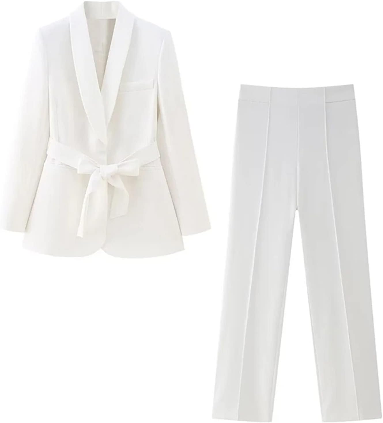 Elegant Women White Suit Long Sleeve Belt Blazer Jacket Business Casual Straight Leg Pants Lace-Up Blazer Set