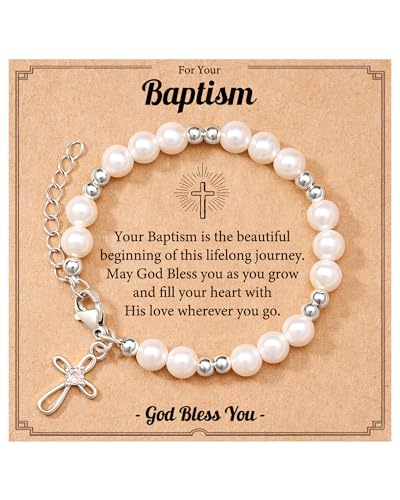 Tarsus Pearl Cross Bracelet for Girls - First Communion, Baptism, Easter, Little Girl Gifts for Daughter Granddaughter Godchild