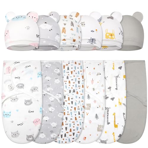 Image of Ramede 6 Pack Swaddle Blanket with Hats for Baby Girl Boy 100% Cotton Swaddles 0-3 Months, Adjustable Breathable Skin Friendly Receiving Blanket Wrap, Essential for Newborns