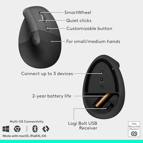 Image of Logitech Wave Keys & Lift Vertical Mouse - Ergonomic Wireless Keyboard and Mouse Combo - with Cushioned Palm Rest, Easy-Switch, Bluetooth, for Multi-OS, Windows /Mac - Graphite