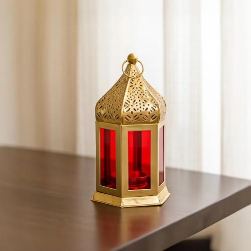 Image of MARKET 99 Metal Glass Royal Lantern | Golden Red Tealight Candle Holder | Decorative Home Decor Lamp | Festive Lighting for Diwali, Christmas, Wedding & Party Table Setup (Use LED T-Light Only)