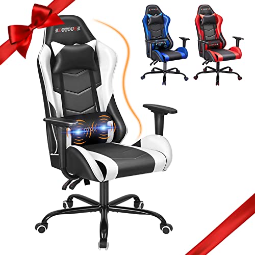 Image of ECOTOUGE PC Gaming Chair Massage Ergonomic Office Desk Chair Racing PU Leather Recliner Swivel Rocker with Headrest and Lumbar Pillow, White