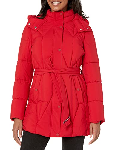 Tommy Hilfiger Women's Solid Long Puffer Hooded Self Tie Belt Jacket