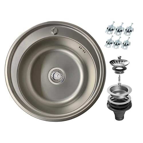 ANW HOME Round Kitchen Sink Ø51 cm – Stainless Steel Sink with Siphon – Inset Round Bowl, Modern Micro-Textured Finish