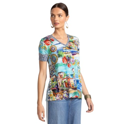 Johnny Was Janie Favorite Christy Short Sleeve V Neck Swing Tee Floral Shirt Green Blue Top New2