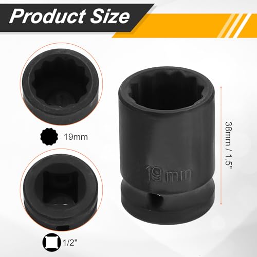 Image of HARFINGTON 2pcs 1 /2 inch Drive x 19mm Shallow Impact Socket 12-Point Metric CR-V Steel Spindle Nut Impact Flip Sleeve for Home Auto Nuts Bolts Repair