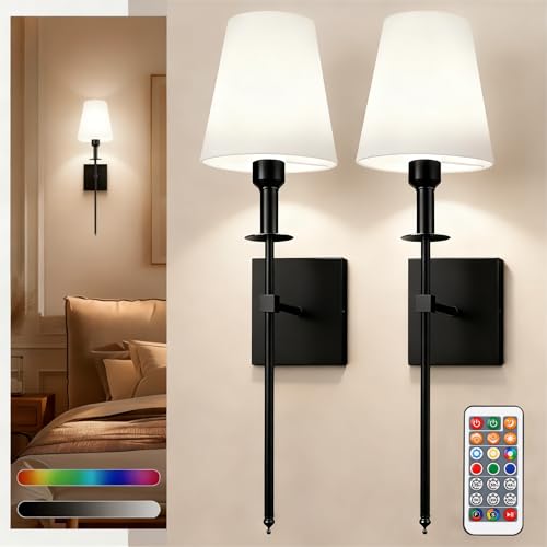 Image of DORESshop Battery Operated Wall Sconce Set of 2, Black Rechargeable Wall Lights Remote, Sconce Wall Decor Set of 2, 7 Colors Wireless Sconces for Bedroom Living Room Hallway