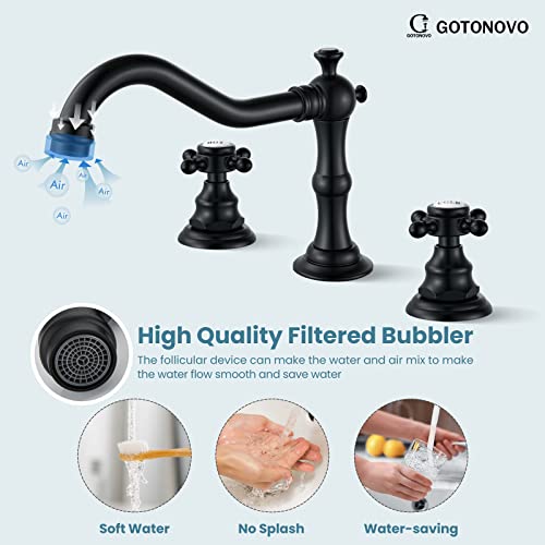 Gotonovo Matte Black Bathroom Sink Widespread Faucet Mixing Tap Deck Mount Double Cross Knobs 3 Hole With Pop Up Drain thumb #4