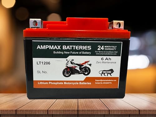 Image of Ampmax LT1206 Lithium Phosphate Motorcycle Battery, 12V 6Ah, Zero Maintenance, 24-Month Warranty, with active balancing