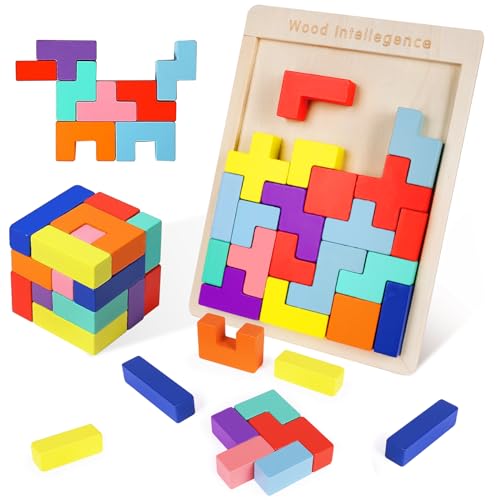 Ainiv Kolorowe 3D rosyjskie klocki, Drewniana układanka Tangram, 30 sztuk inteligentnych klocków, Drewniane pudełko z puzzlami, łamigłówki, kostki, edukacyjna zabawka dla dzieci chłopców i dziewcząt