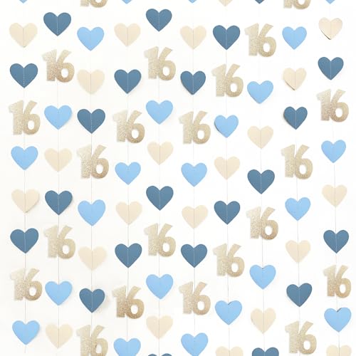Image of Champagne Gold Blue 16th Birthday Decorations Champagne Gold Dusty Blue Heart Garland Streamer Banner Backdrop for Girls Happy 16th Birthday Sweet 16 Decorations Cheers to 16 Years Old Party Supplies