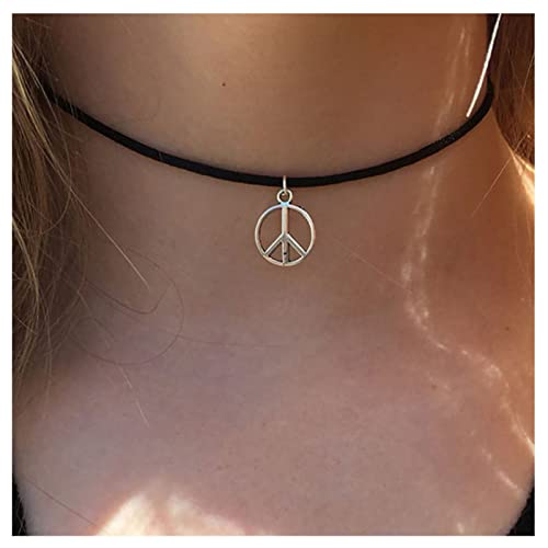 Inilbran Boho Collar De Paz Gargantilla De Cuero Negro Collar De Amor De Plata De La Paz Collar De Colgante Círculo Hippie Joyas Para Las Mujeres Y Las Niñas Cover