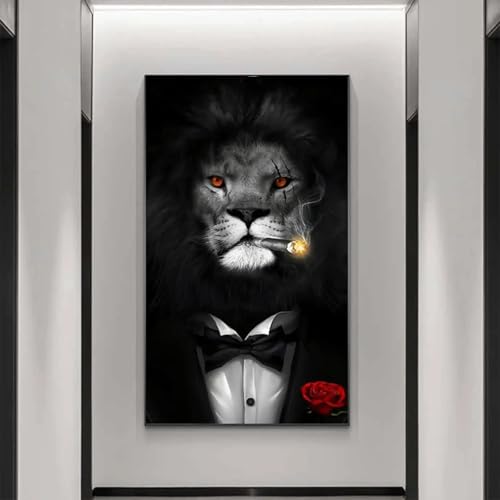 Peinture lion en costume noir grand format 50x90 pour habiller un mur vide