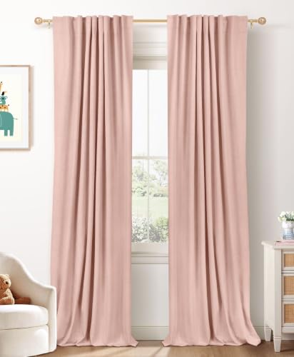 Image of Faux Linen Total Blackout Curtains for Bedroom 84 Inch Long Blush Pink | 100% Blackout Shield, Back Tab /Rod Pocket Living Room Drapes, Thermal Insulated Blackout Curtains 2 Panels Set, 42 inchW x 84 inchL