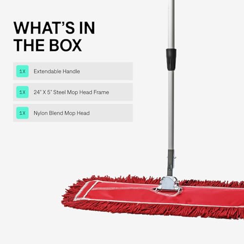 Image of 24 Inch Red Commercial Dust Mop & Floor Sweeper with Extendable Handle - Mop for Hardwood, Tile, and Concrete Floor Cleaning