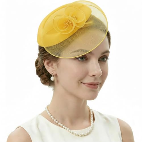 Image of DRESHOW Fascinator Hats for Women Cocktail Tea Party Hat Netted Pillbox Hat Vintage Derby Hats for Bridal Wedding