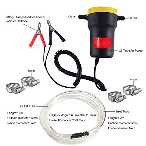Oil Change Pump Extractor for Boat,Tubes,Truck, RV,ATV, Riding Mowe,12V 60W Marine Oil Change Pump and Electric Oil Pump with 2 Durable Anti-corrosion Rubber Hoses,4 Hose hoops Included to Secure Hose