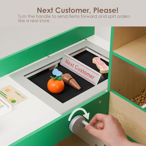 Wooden Grocery Store Playset for Kids, Pretend Play Market with Checkout Counter, Manual Conveyor Belt, Pretend Scanner, and Multiple Display Shelves, Interactive Toy Grocery for Boys & Girls Ages 3+
