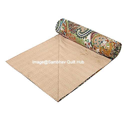 Colcha reversible con estampado de paisaje, tamaño King, tamaño doble, diseño de Gudri Kantha, tamaño doble, estampado floral y paisano, funda de sofá de punto kantha (beige, King 90108 pulgadas)