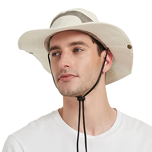 JAOAJ Mens Sun Hat Wide Brim Summer Safari Hat,Cotton Fishing Boonie Hat UV Hats,Breathable Mesh Bucket Gardening Hats with Adjustable Chin String Beige - Image 3