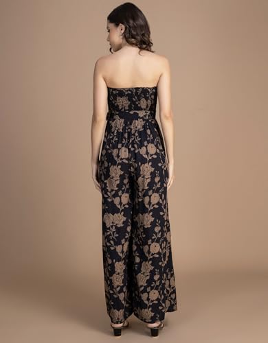 Image of Moomaya Women's Off-Shoulder Printed Rayon Jumpsuit | Sleeveless Indo-Western Romper With Fabric Belt & Pockets