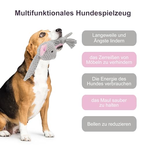TONYFY Hundespielzeug, Hund Quietschspielzeug mit Knitterpapier, Plüschtier Hund Plüsch Kauspielzeug, Baumwollseil interaktives Spielzeug für Welpen, kleine, mittlere Hunde (Grauer Hase)