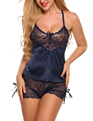 Avidlove Women's Satin Pajama Cami Set Silky Lace Nightwear 2 Piece Lingerie Shorts Sleepwear (Navy Blue, M) #TOP21