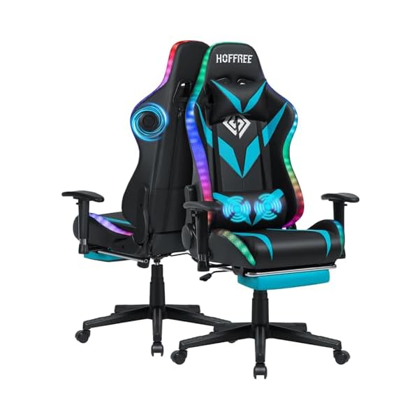 Hoffree gaming chair with bluetooth speakers and led lights massage vide game chair with footrest reclining high back computer gamer chair blue and black  urban country home decor