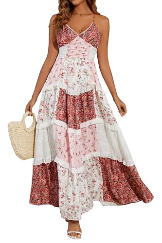 Image of Women Floral Maxi Dress Spaghetti Straps V Neck Lace Patchwork Flowy Tiered Boho Beach Sundress Long Dresses