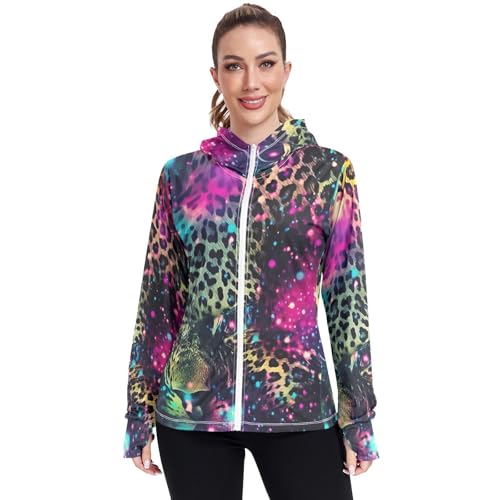 UMIRIKO Colorful Leopard Print Pattern Women's UPF 50+ Sun Protection Jacket Hoodie Rash Guard Shirt with Pockets M 202a3491