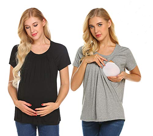 UNibelle Donna Maglia Premaman Allattamento Maglieria per maternità Shirt Corta Maglietta Casual Top Manica Corta Nero+Grigio