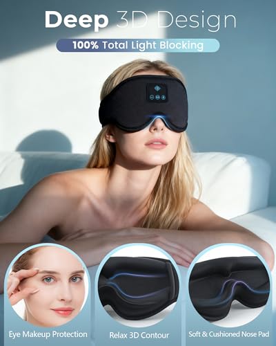 Bluetooth Sleep Mask, 100% Blackout 3D Sleep Headphones Eye Mask with Headphones for Men & Women, Wireless Music Sleeping Mask Headphone, Long Battery Life, Ideal for Travel/Nap/Night (Black) - Image 3