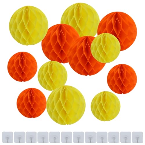 Lot de 12 boules en papier nid d'abeille jaunes avec 12 crochets transparents pour décoration de fête - 15,2 cm et 25,4 cm