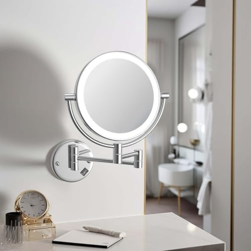 Image of Brass LED Mirror Dual Side Round Mirror for Bathroom 360 Swivel with Zoom View | Magnifying Shaving Makeup Vanity Mirror Wall Mounted (LED Chrome)