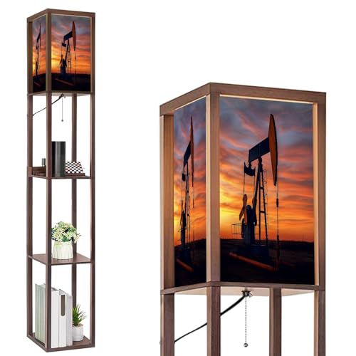 BVCAHSAW Floor Lamp with Shelves Oil Pump rig Oil Gas Oilfield site Pump are Running Standing Tall Lamp USB Ports & Power Outlet Modern Corner Lamp Nightstand Light for Living Room Bedroom